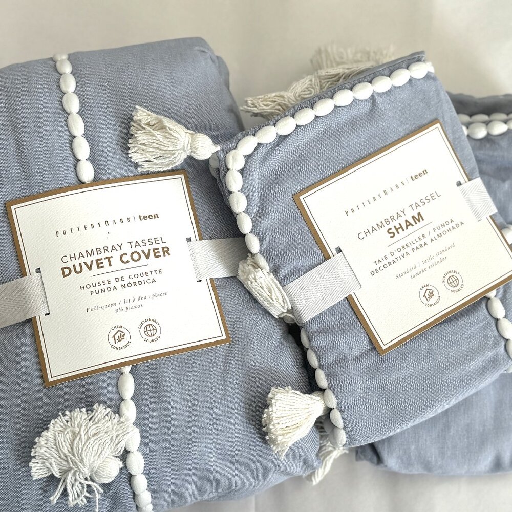 Pottery Barn Chambray Tassel FULL / QUEEN Duvet Cover with 2 Standard Shams